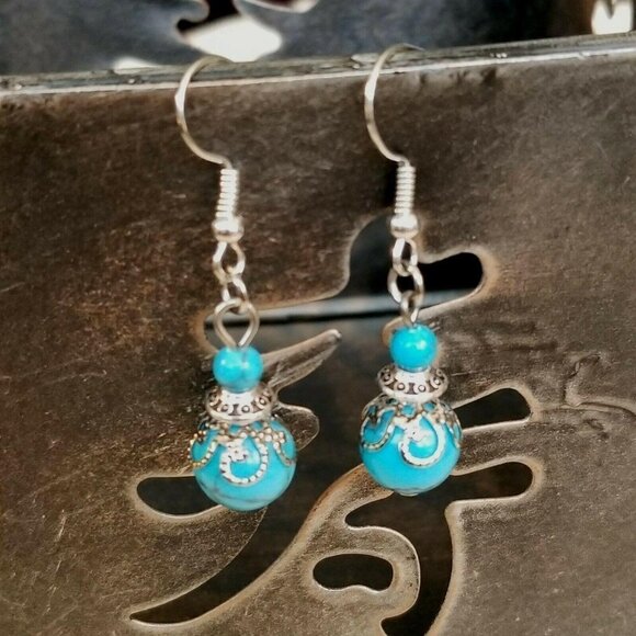 Handmade Turquoise Victorian Lace Art Nouveau Gemstone Bead Drop Earrings - Picture 1 of 7